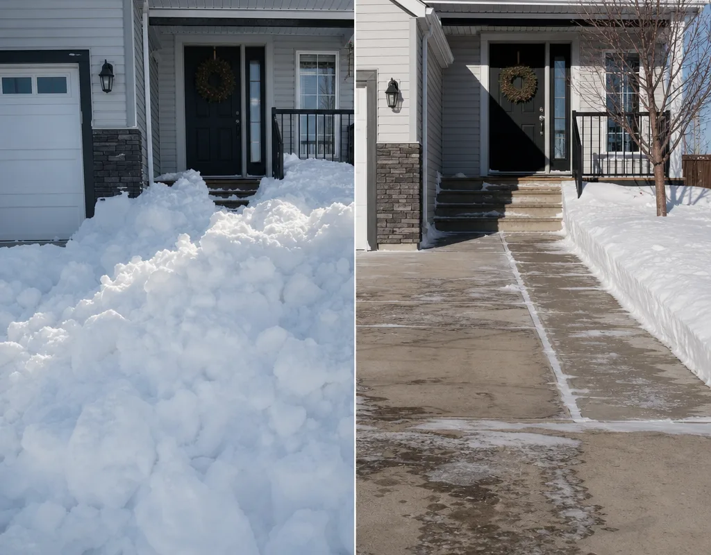 Before and after view of a drifted driveway and walkway cleared for vehicle and front-door access