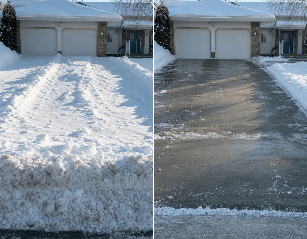 Before and after views of a Regina driveway cleared full-width with a safe path to the front door