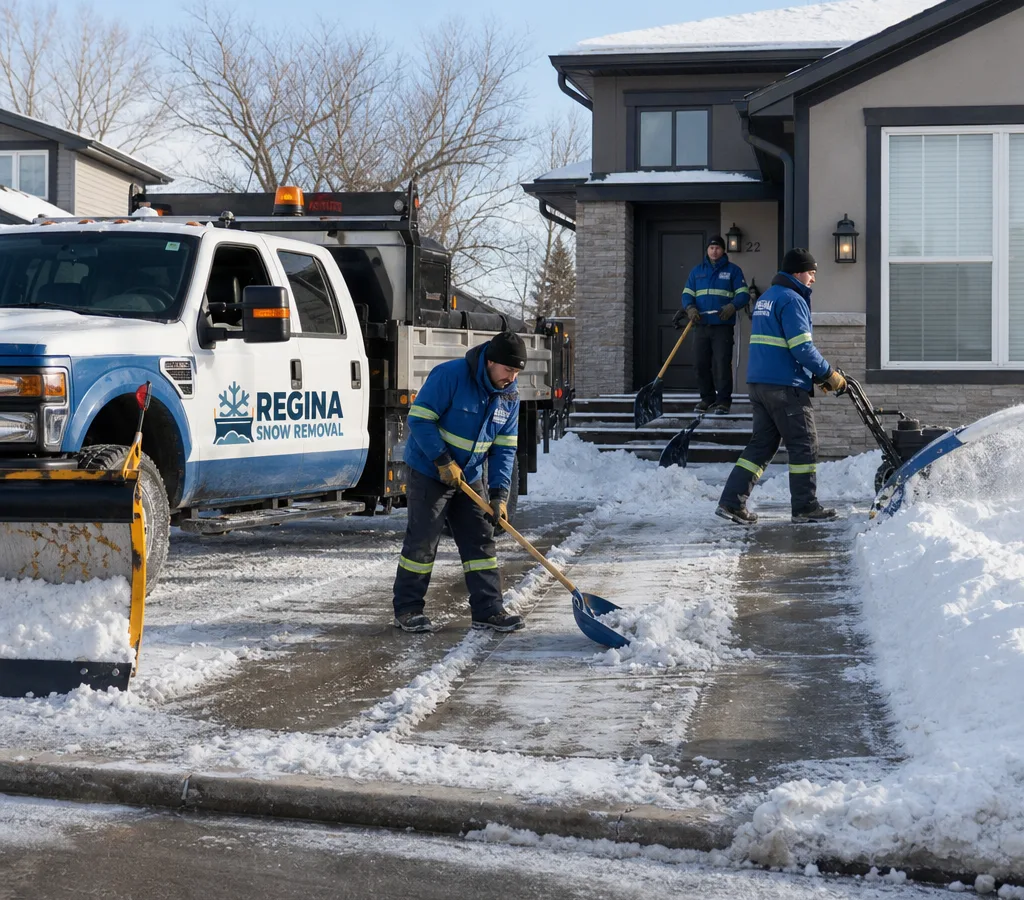 Residential crew clearing a Regina driveway, curb windrow, and front walkway