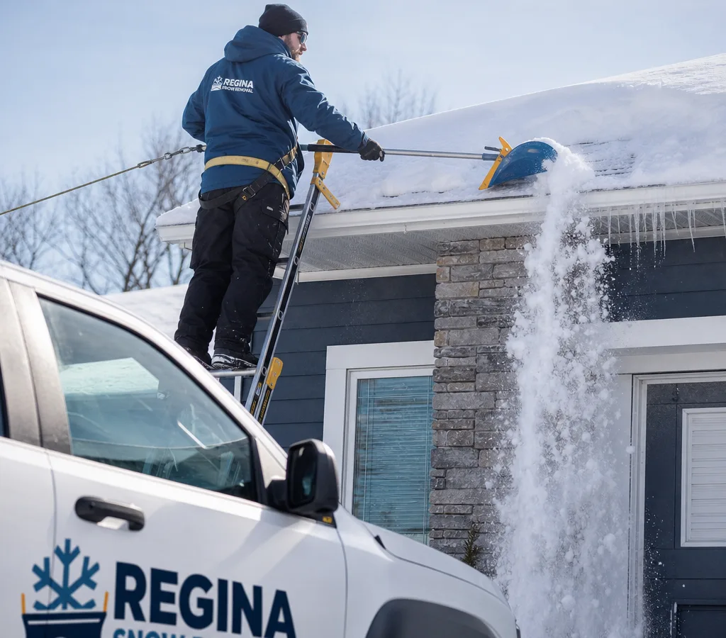 Technician using secured access equipment to remove snow from a Regina home roof edge