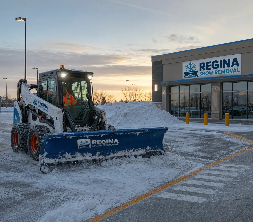 Skid steer and plow clearing a commercial parking lot at dawn with pedestrian routes and storefront access visible