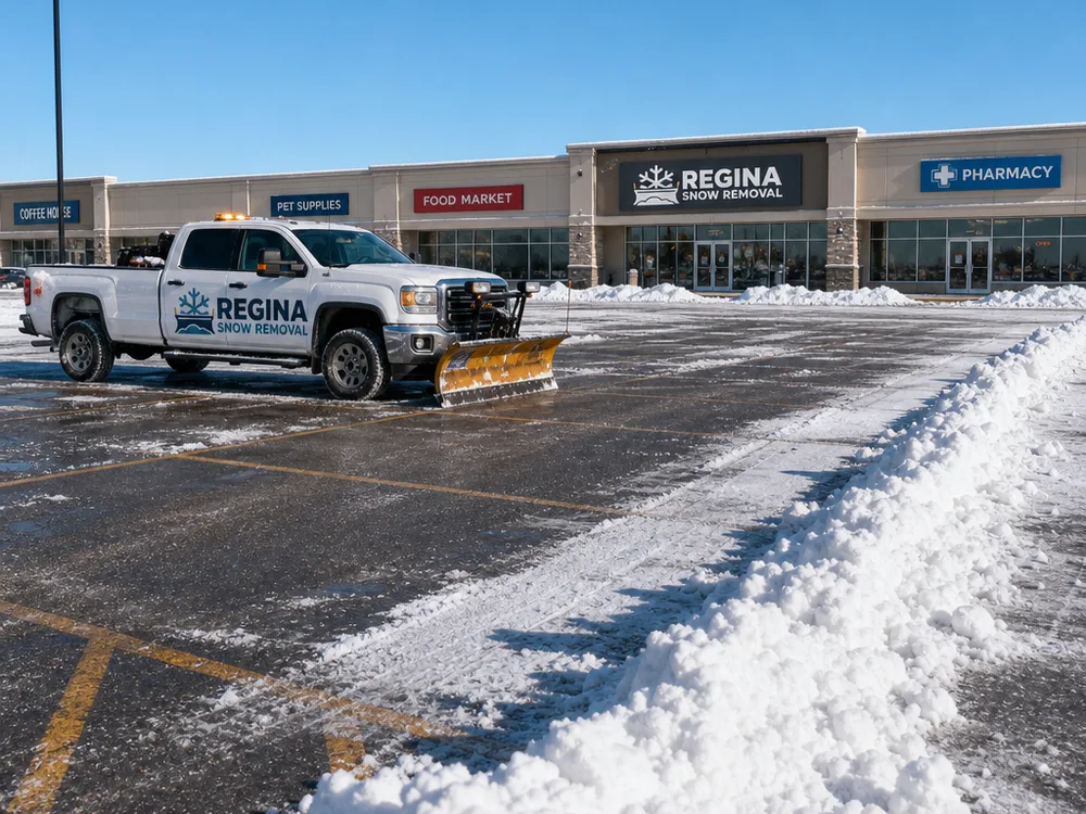 Freshly plowed commercial parking lot with open drive lanes and clear storefront access