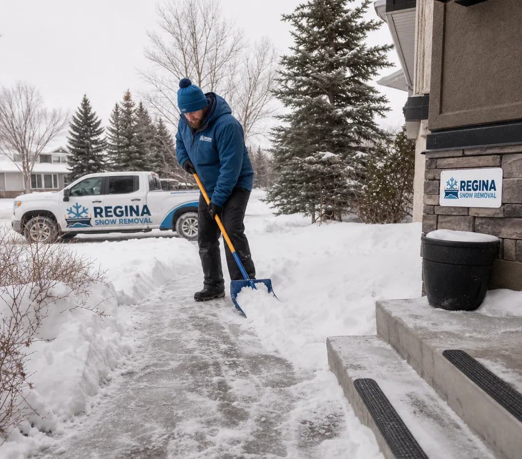 Technician clearing a wide residential walkway and front steps for safer senior access