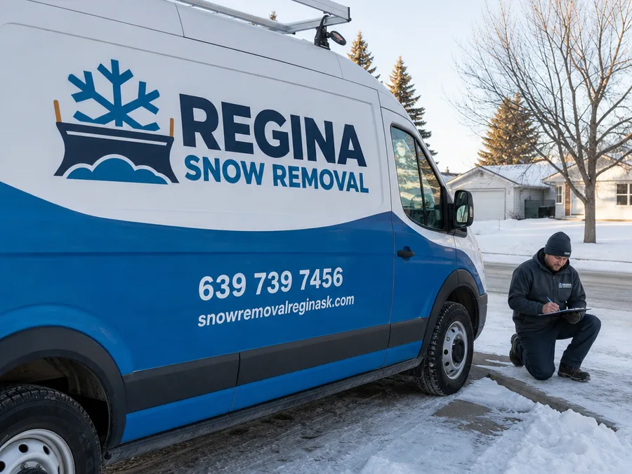 Sidewalk crew clearing and de-icing a snowy commercial entrance with a plow truck in the background